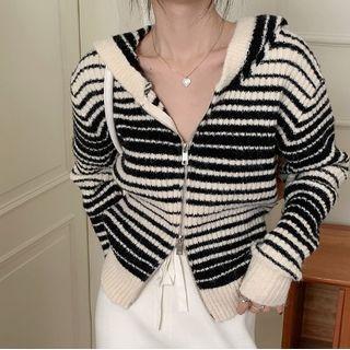 Striped Hooded Zip-up Cardigan Black & Off-white - One Size