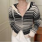 Striped Hooded Zip-up Cardigan Black & Off-white - One Size