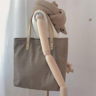 Plaid Cotton Tote Bag Khaki - One Size