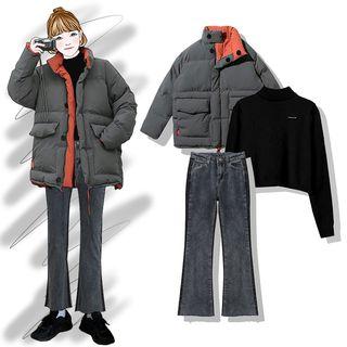 Padded Zip Jacket / Straight-cut Jeans / Turtleneck Sweater