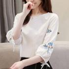 Elbow-sleeve Striped Flower Embroidered Blouse