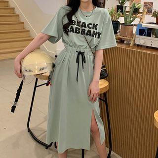 Set: Short-sleeve Lettering T-shirt + Drawstring Side-slit Midi A-line Skirt