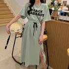 Set: Short-sleeve Lettering T-shirt + Drawstring Side-slit Midi A-line Skirt