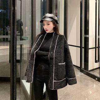 Color-block Loose-fit Tweed Jacket Black - One Size