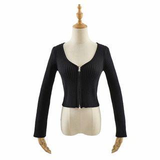 Off-shoulder Cropped Zip Cardigan