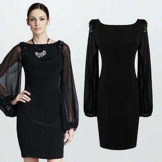Long-sleeved Tie-waist Crewneck Chiffon Plain Sheath Dress