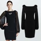 Long-sleeved Tie-waist Crewneck Chiffon Plain Sheath Dress