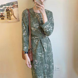 3/4-sleeve Crinkled Printed Midi A-line Dress Green - One Size
