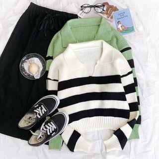 Long-sleeve V-neck Striped Knit Sweater