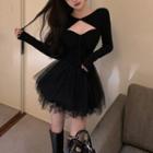 Cutout-front Mesh-hem Skinny Mini Dress Black - One Size