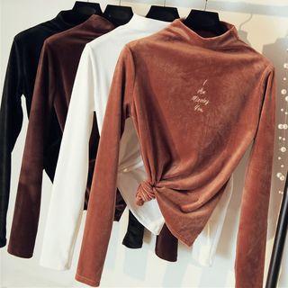 Long-sleeve Embroidered Letter Mock Neck Velvet T-shirt