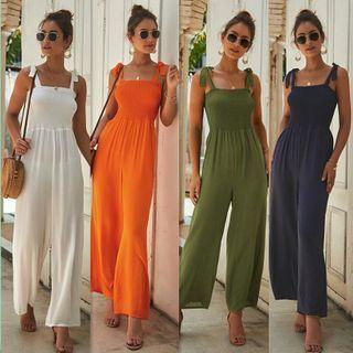 Tie-shoulder Smocked Wide Leg Jumpsuit