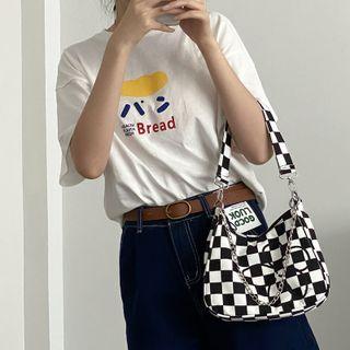 Checkered Flower Print Handbag Black & White - One Size