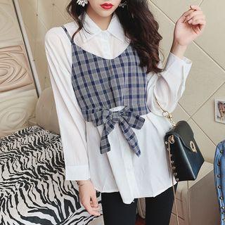 Set: Cropped Plaid Camisole Top + Plain Shirt