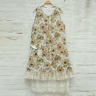 Sleeveless Lace-panel Floral Dress