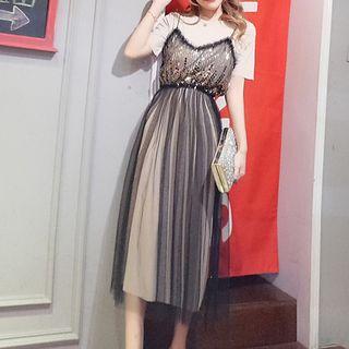 Set: Plain Short Sleeve T-shirt Dress + Sequined Spaghetti Strap Mesh Dress