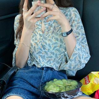 Floral 3/4-sleeve Chiffon Blouse As Shown In Figure - One Size
