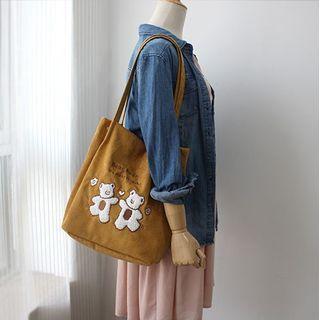 Corduroy Embroidered Bear Shoulder Bag