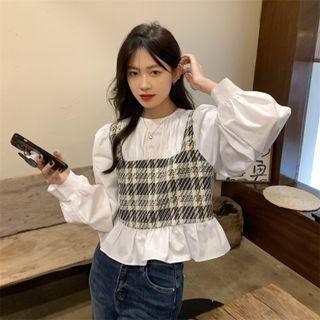 Balloon-sleeve Mock Two-piece Blouse Black & White - One Size