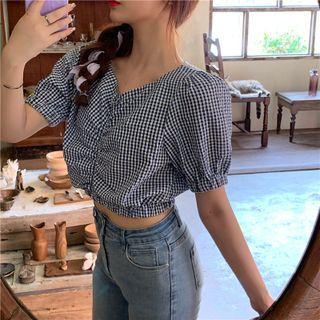 Short-sleeve Gingham Cropped Blouse Gingham - Blue - One Size