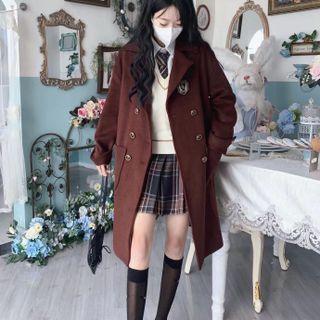 Plain Shirt / Embroidered Double-breasted Midi Coat / Contrast Trim Sweater Vest / Plaid Tie / Mini Pleated Skirt