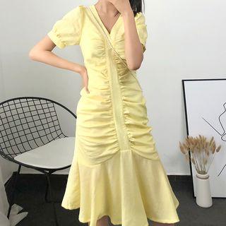 Ruched V-neck Short-sleeve Dress