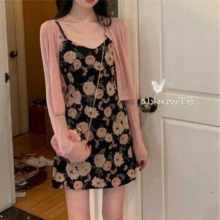 Set: Plain Cardigan + Spaghetti Strap Flower Print Mini A-line Dress