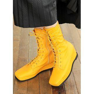 Square-toe Lace-up Wedge Boots