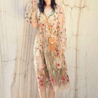 Set: Embroidered Long-sleeve Mesh Dress + Slipdress