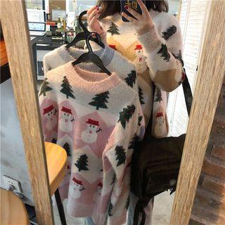Snowman Print Furry Knit Sweater