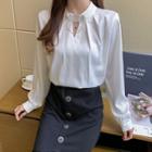 Long-sleeve Chained Faux Pearl Chiffon Blouse