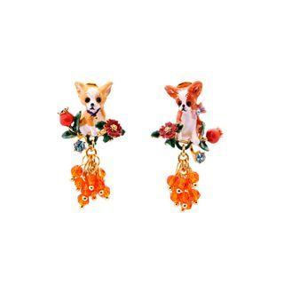 Fashion Cute Plated Gold Enamel Puppy Flower Beaded Stud Earrings With Cubic Zirconia Golden - One Size