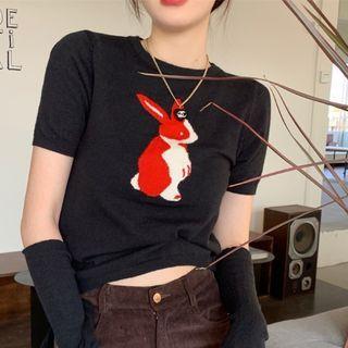 Set: Short-sleeve Rabbit Jacquard Knit Top + Arm Sleeves