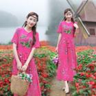 Short-sleeve Floral Embroidered Linen Blend A-line Midi Dress