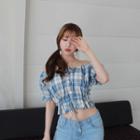 Off-shoulder Drawstring Plaid Cropped Blouse