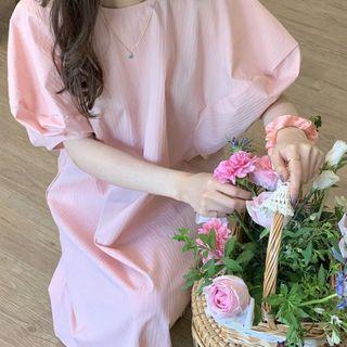 Puff-sleeve Midi Shift Dress Pink - One Size