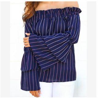 Frilled Off-shoulder Pinstripe Bell-sleeve Top