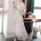 Flutter-sleeve Lace-trim Maxi Floral Dress Sky Blue - One Size