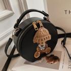 Bear Embroidered Faux Leather Round Crossbody Bag