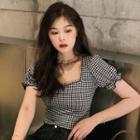 Puff-sleeve Checked Knit Top Gingham - Black & White - One Size
