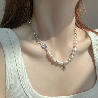 Freshwater Pearl Rhinestone Stainless Steel Choker 1pc - Silver & White - One Size