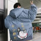 Cat Printed Japanese Character Hooded Padded Coat