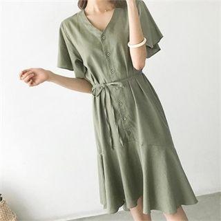 Dip-back Ruffled Linen Blend Dress