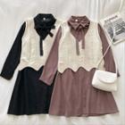 Set: V-neck Knit Vest + Tie Neck Shirt Dress