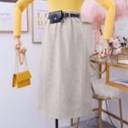 Paperbag-waist Woolen Midi Skirt With Pouch