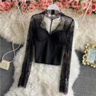 Lace Panel Keyhole Top Black - One Size