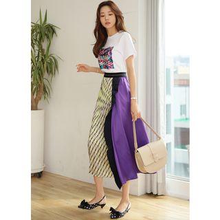 Contrast-panel Pleated Satin Long Skirt