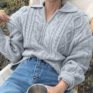 Open-collar Cable Knit Sweater