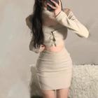 Long-sleeve Cold-shoulder Cropped Top / Slim-fit Mini Skirt