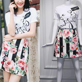 Printed Short-sleeve T-shirt / Floral Print A-line Skirt